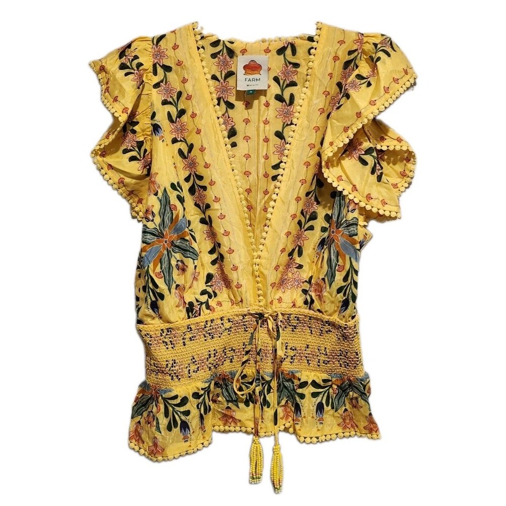 FARM RIO Delicate Flowers Stripes Blouse Yellow Floral Size Medium